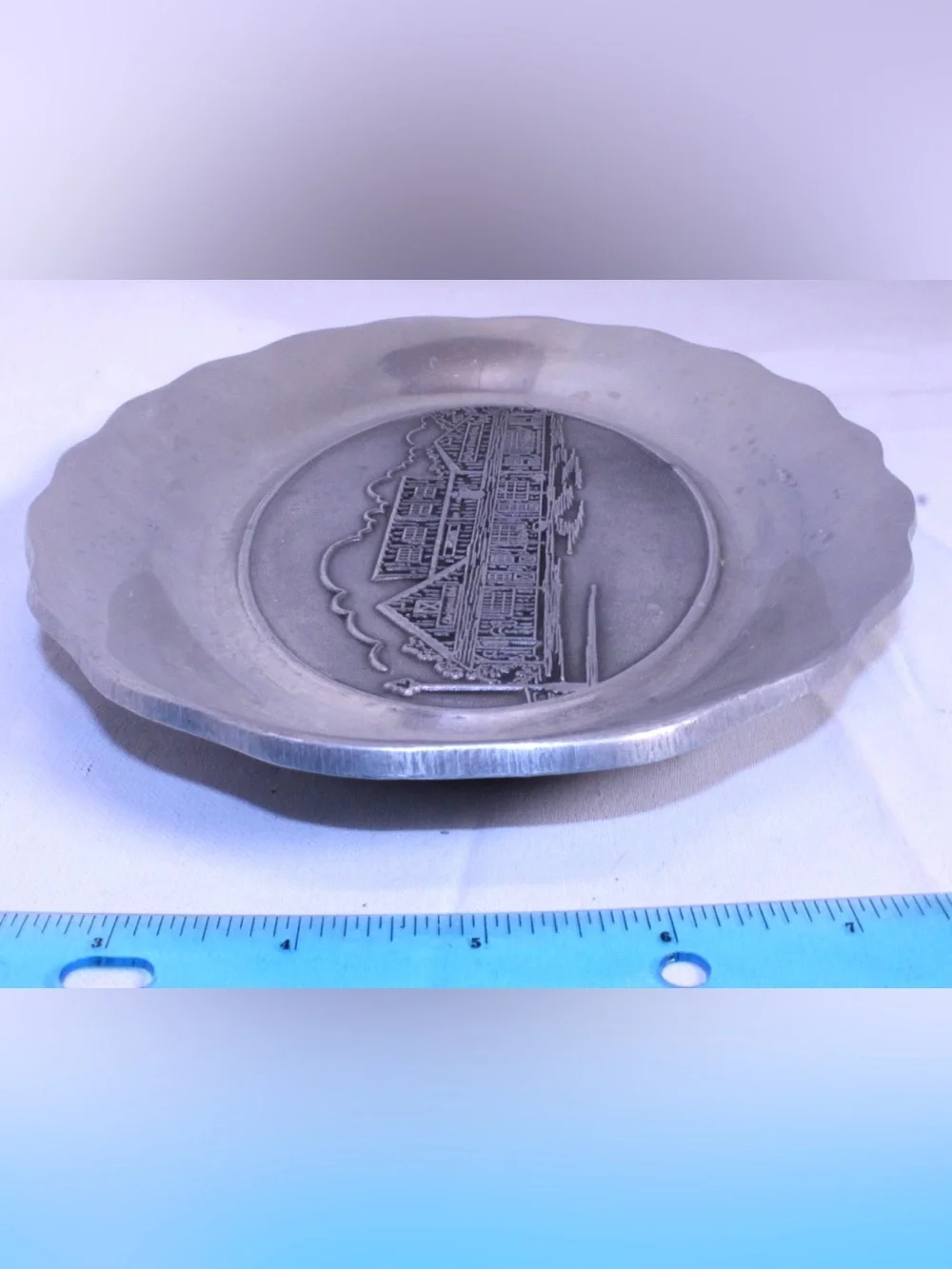 Vintage Pewter Oval Platter Old Town Hall Commemorative Embossed Serving Plate